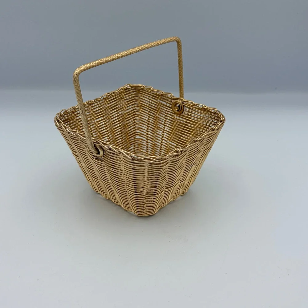 Gold Wire‎ Woven Square Basket With Handle Trinket Candy Storage Organizer